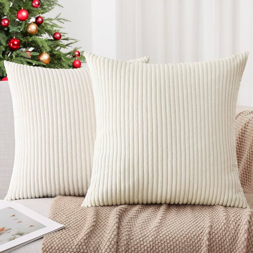 Mecatny Corduroy Christmas Throw Pillow Covers 18x18 Set of 2 - Striped Decorative Pillow Covers ... | Amazon (US)