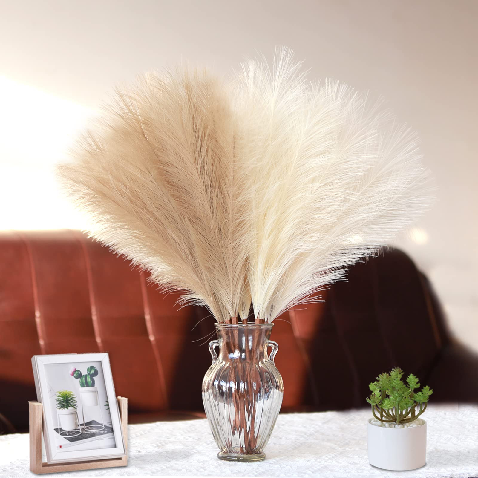 Latysun 6 Stems Artificial Pampas Grass,24" Fluffy Faux Pampas Grass with DIY Card,Beige and Taupe-B | Amazon (US)