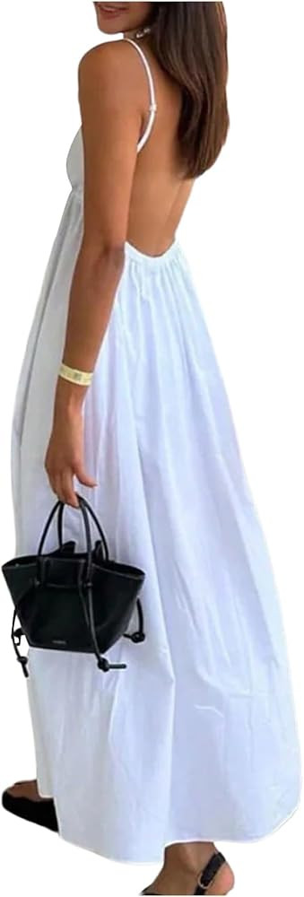 SOLY HUX Women's Summer Backless V Neck Loose Flowy Midi Cami Dress | Amazon (US)