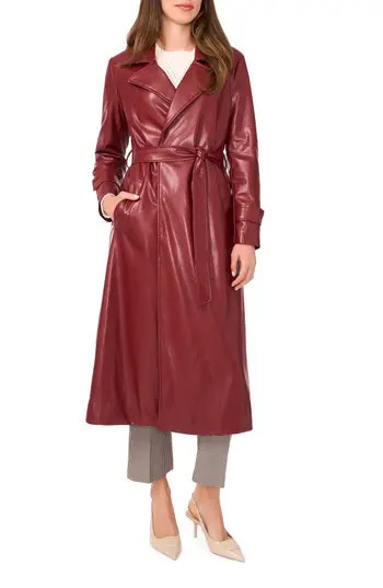 Halogen® Drapey Faux Leather Belted Trench Coat in Deep Henna at Nordstrom Rack, Size X-Small | Nordstrom Rack