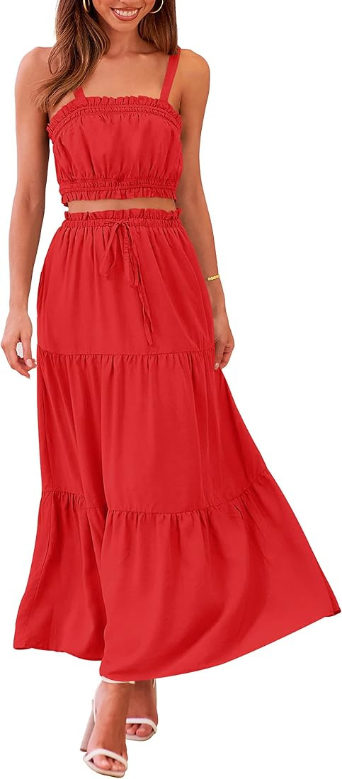 MEROKEETY Women 2 Piece Outfits Sleeveless Crop Top High Waist Long Skirt Set with Pockets | Amazon (US)