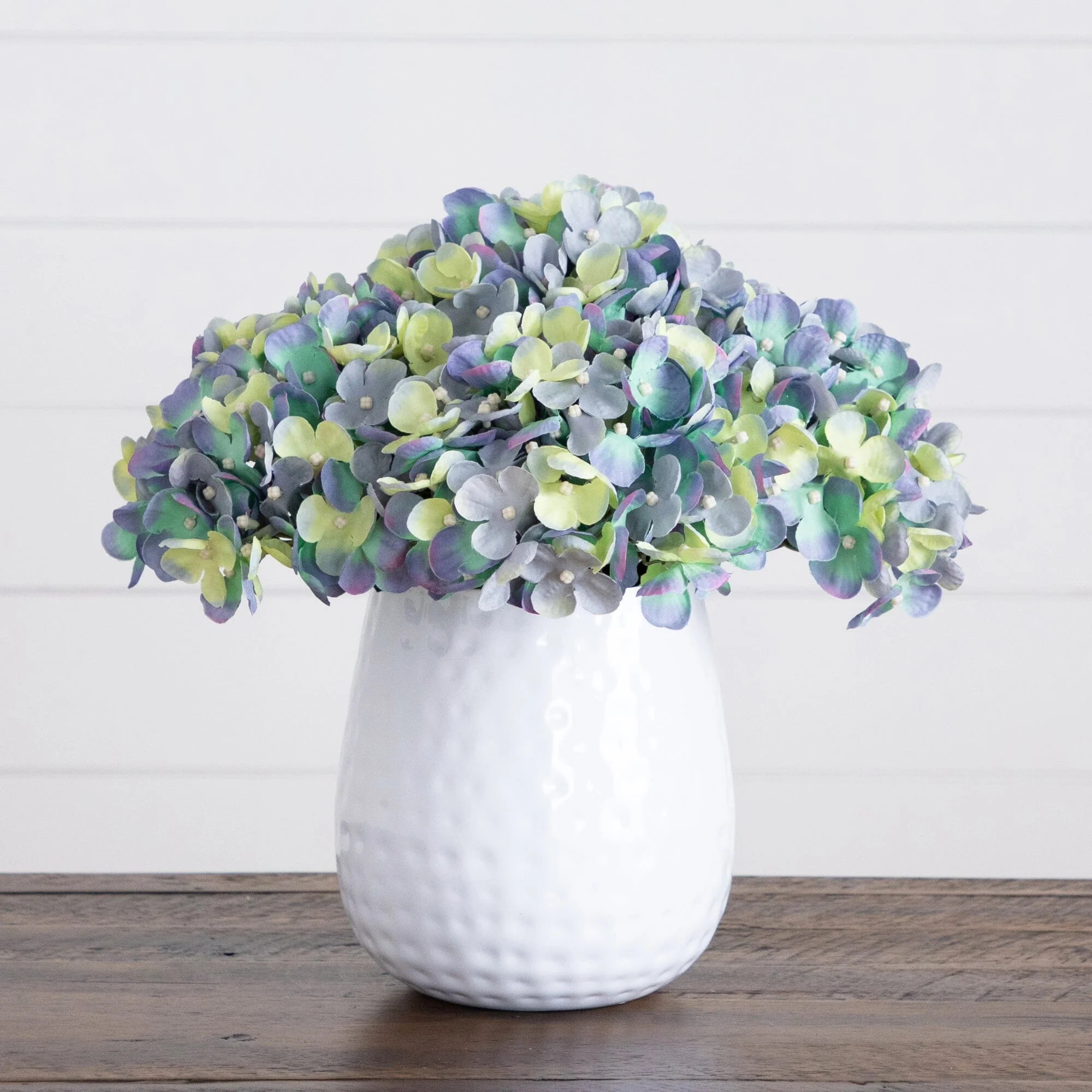 11” Artificial Hydrangea Arrangement in White Metal Vase | Nearly Natural | Nearly Natural