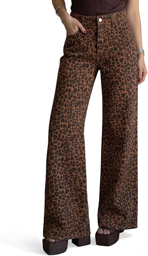 Cicy Bell Womens Wide Leg High Waisted Leopard Baggy Stretchy Jeans | Amazon (US)