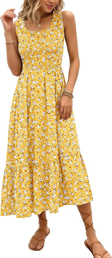 AUSELILY Women's Sleeveless Maxi Dress Summer Sundress Smocked Empire Waist Crew Neck Sun Dresses... | Amazon (US)