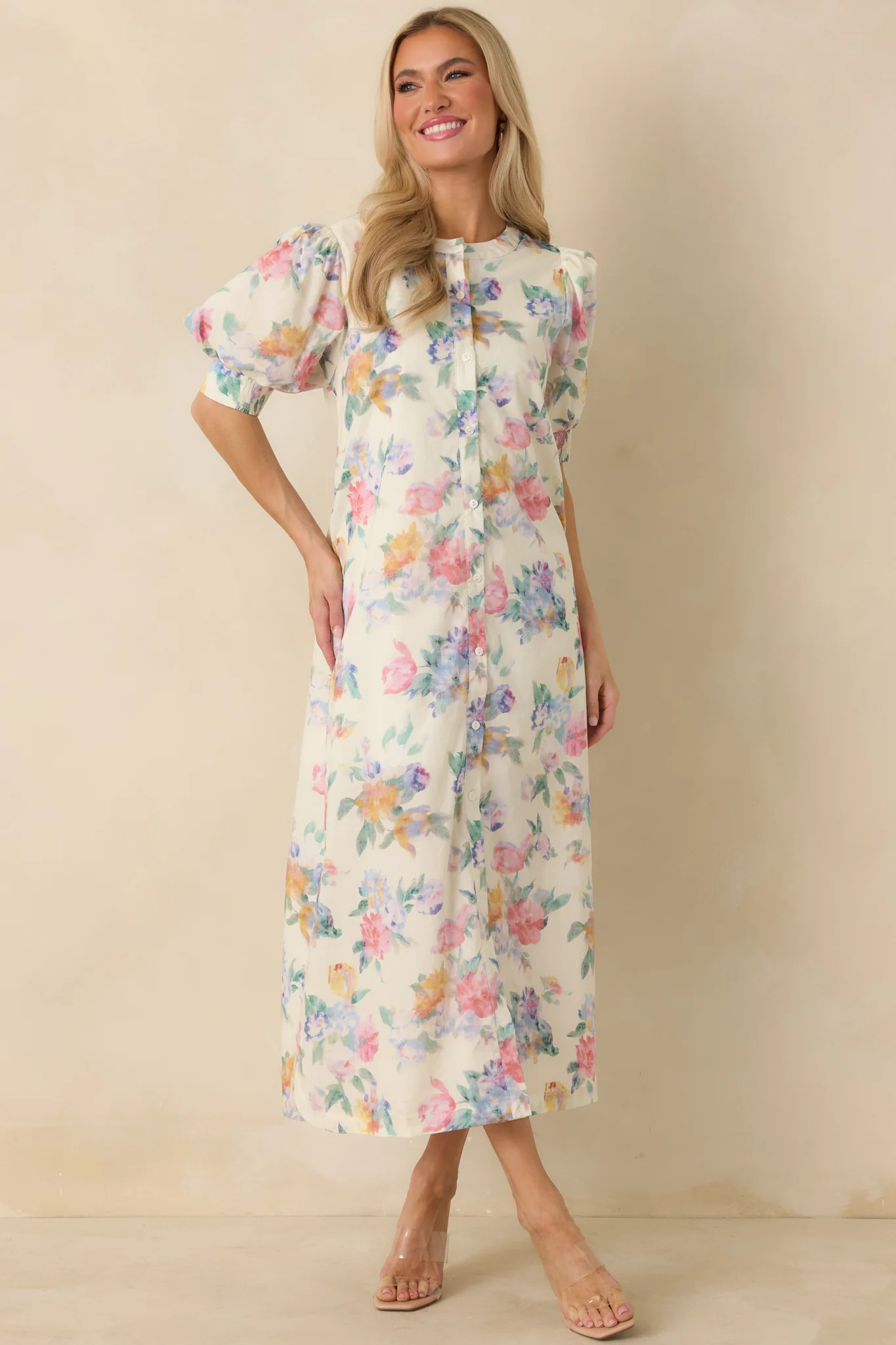 Whispering Brush Strokes White Multi Cotton Floral Puff Sleeve Maxi Dress | Red Dress