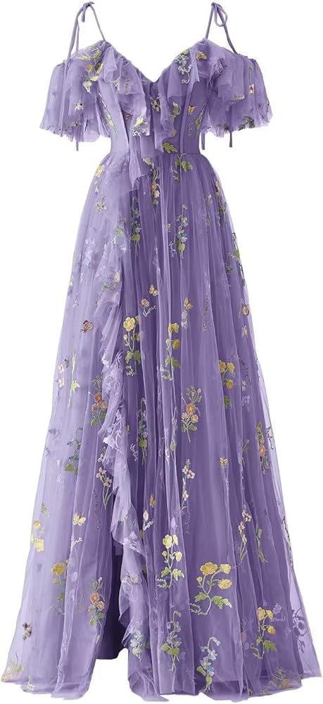 Basgute Flower Embroidery Tulle Prom Dresses Long Spaghetti Strap Fairy Slit Formal Evening Party... | Amazon (US)