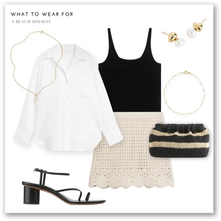 A chic summer evening look 🫶

Full arket look, crochet skirt, black cami, white shirt, black heeled sandals, clutch bag, pearl jewellery 

#LTKeurope #LTKSeasonal #LTKstyletip