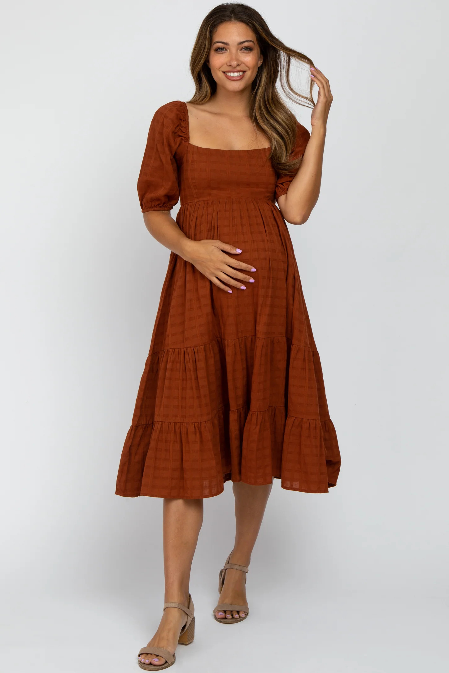 Rust Plaid Square Neck Maternity Midi Dress | PinkBlush Maternity