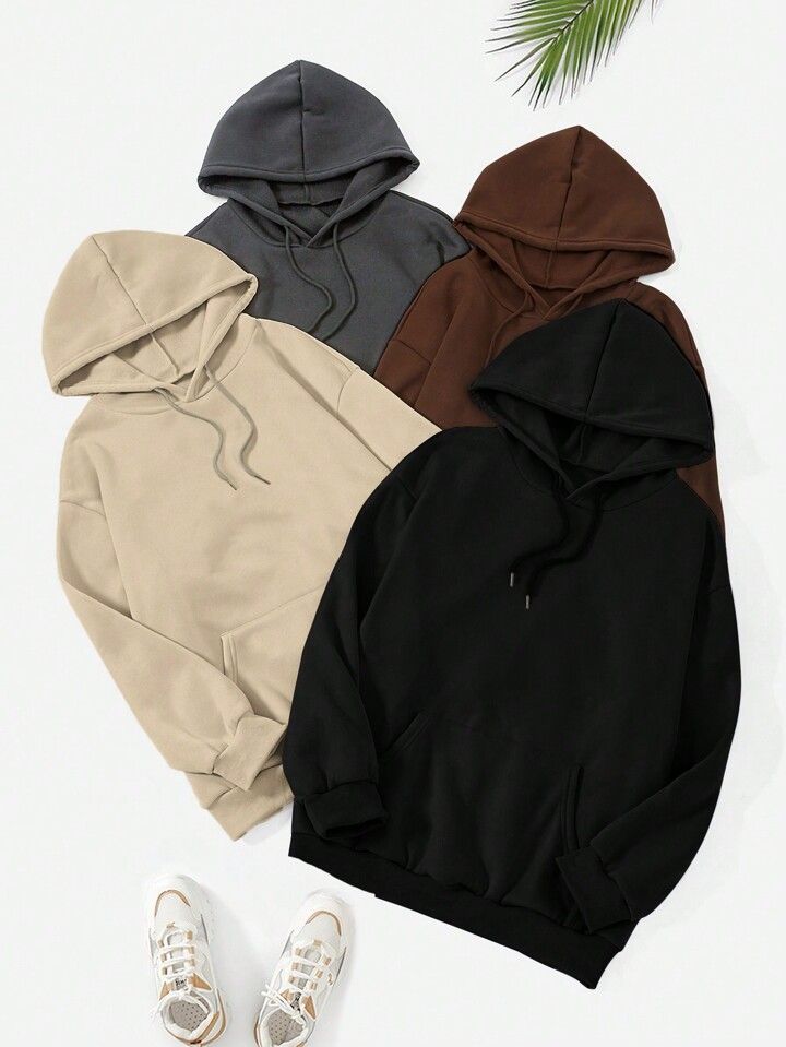 4pcs Plus Kangaroo Pocket Drawstring Thermal Lined Hoodie | SHEIN