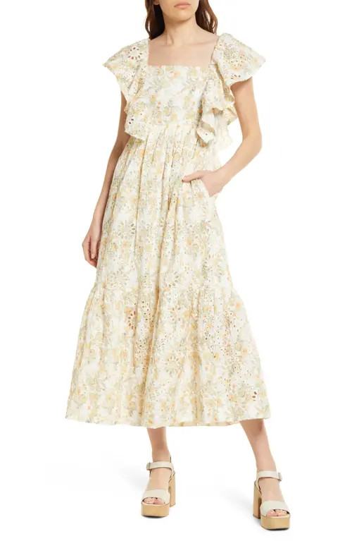 En Saison Opposites Floral Eyelet Dress in Yellow at Nordstrom, Size Large | Nordstrom