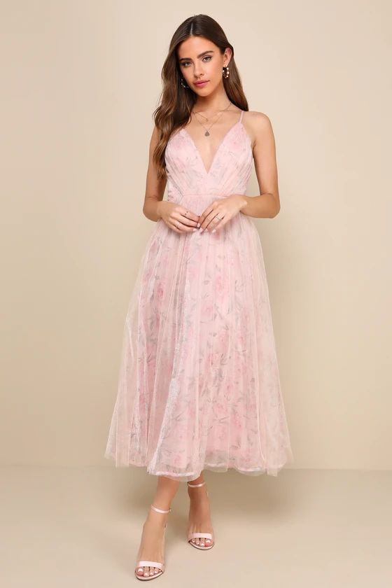 Blissfully Lovely Blush Pink Floral Mesh Pleated Midi Dress | Lulus