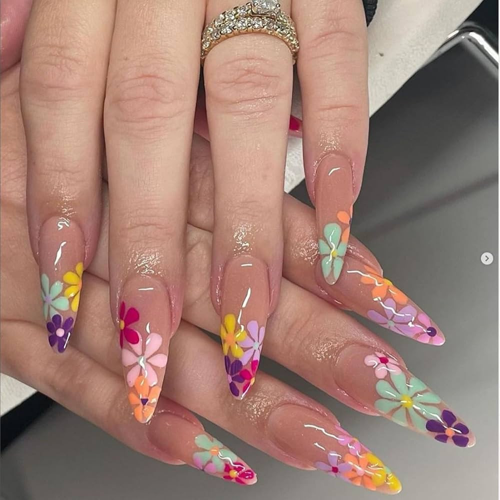 CTTHNBD Flower Press on Nails - Long Almond Fake Nails with Colorful Floral Design - Spring Full ... | Amazon (US)