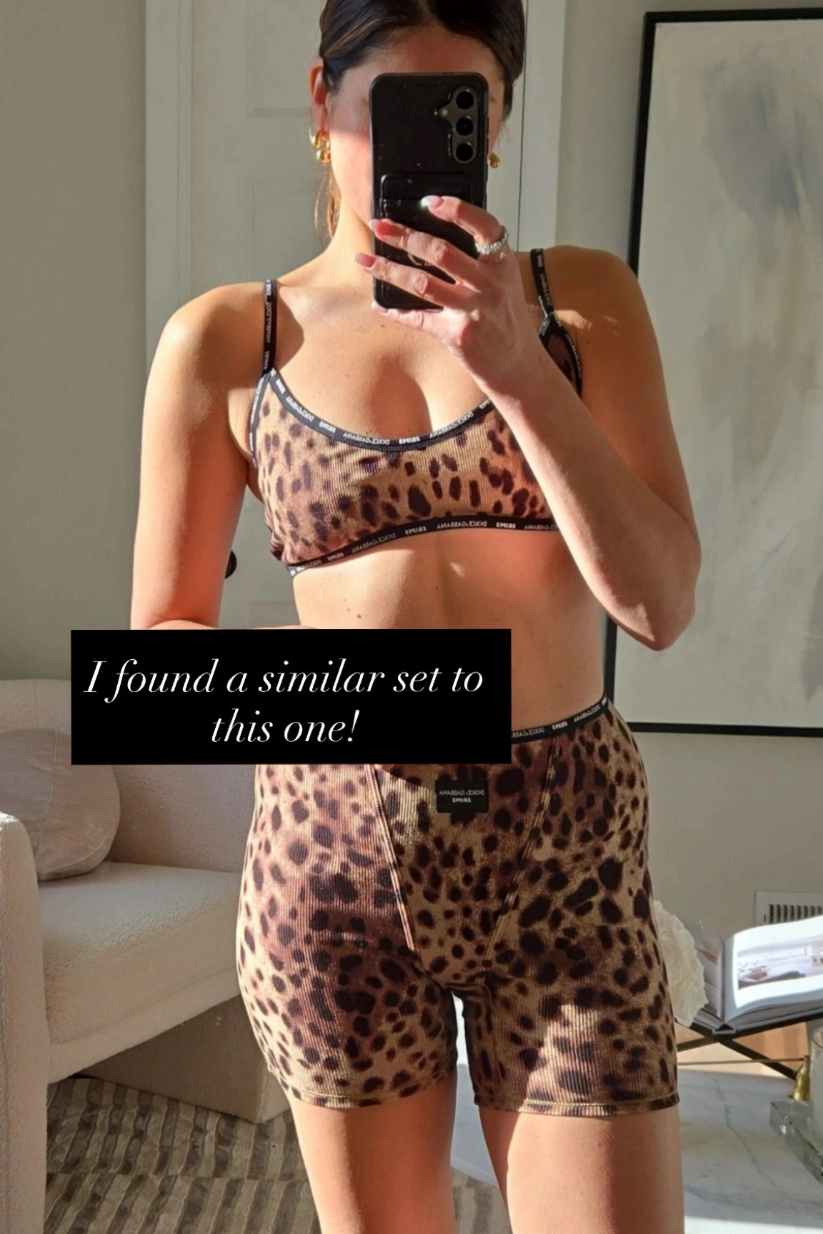 I found very similar boy shorts to the ones that I have here. Mine are sold out, but Victoria’s Secret has a very similar option that I love. Leopard, bra, lounge.