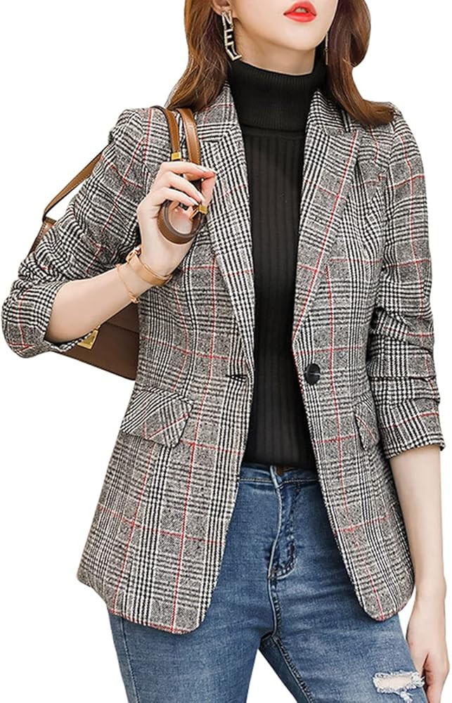 ebossy Women's Notch Lapel 2 Button Boyfriend Blazer Suit Houndstooth Plaid Jacket Coat | Amazon (US)