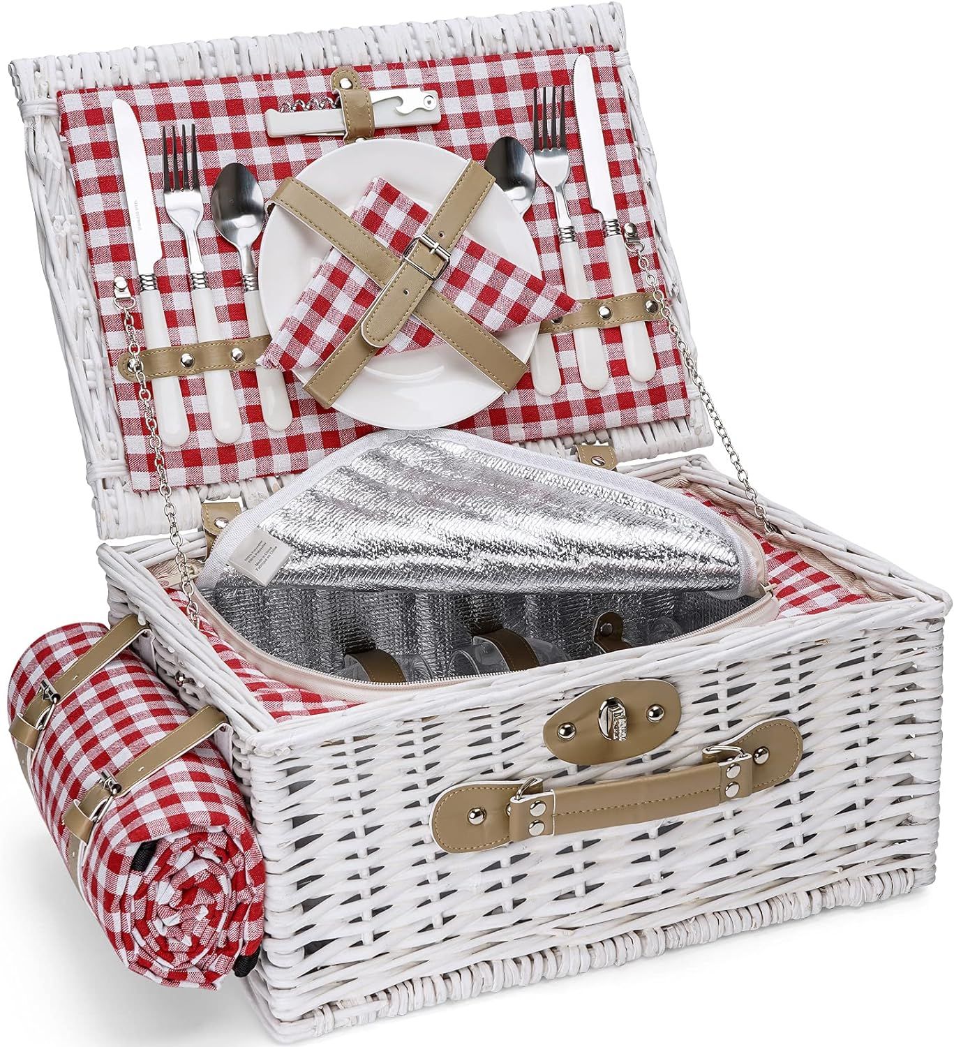 Romantic Wicker Picnic Basket for 2 Persons, Special White Washed Willow Hamper Set with Big Insu... | Amazon (US)