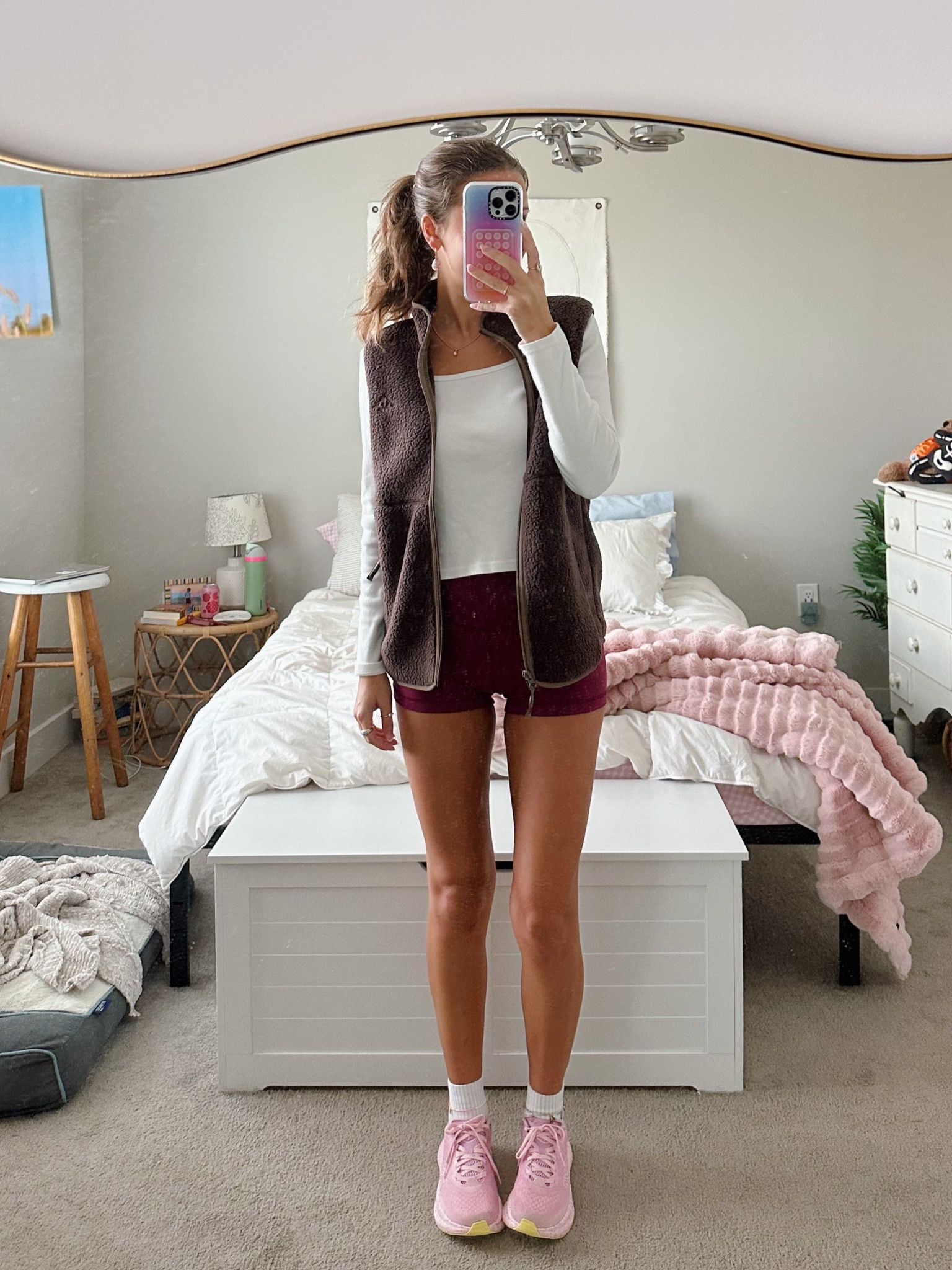 the perfect fall transitional outfit formula: a long sleeve tee, colorful bike shorts, & a fleece vest! 

Colorful hokas, brown fleece vest, aritzia fit 

#LTKFallSale #LTKSeasonal #LTKStyleTip