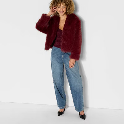 Women's Short Faux Fur Jacket - Wild Fable™ Burgundy L | Target