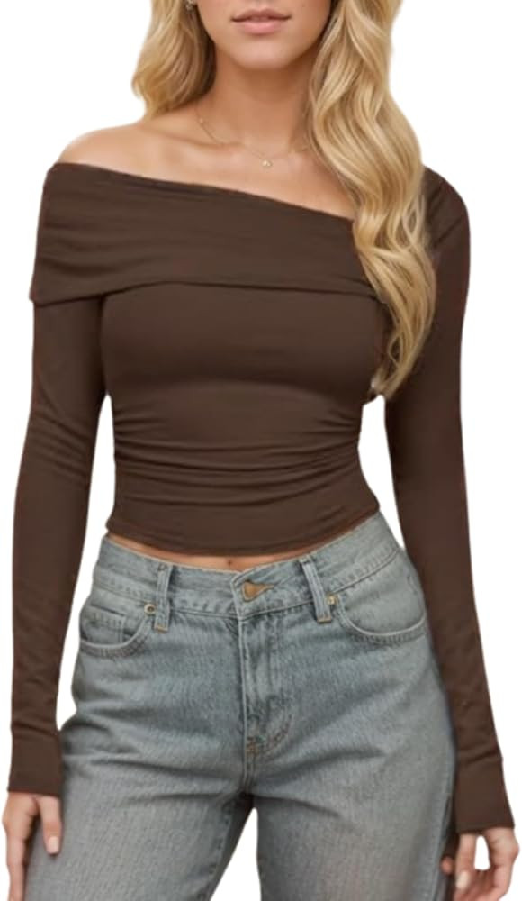 OCUH Off The Shoulder Tops for Women Long Sleeve Ruched Going Out Tops Slim Fit Y2K Shirt Crop To... | Amazon (US)