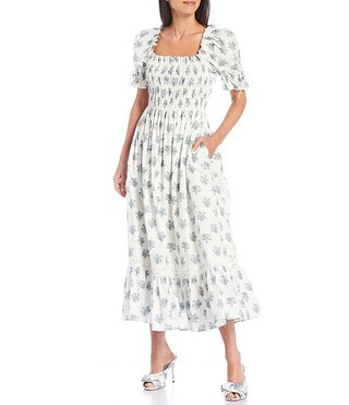 Antonio Melani x Born on Fifth Lottie Floral Smocked Square Neck Tie Short Puff Sleeve A-Line Dre... | Dillards