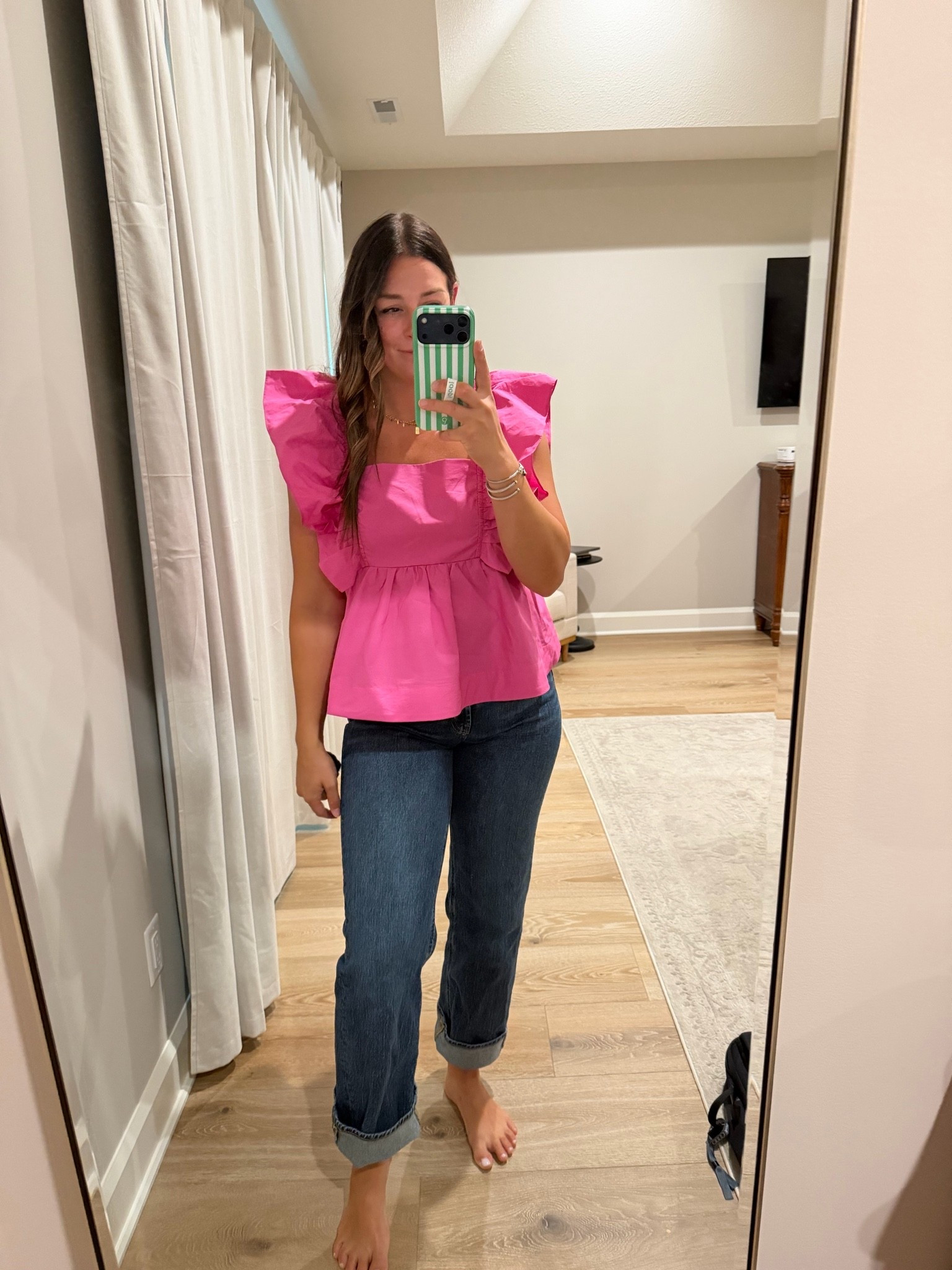 Casual chic style // jeans and a cute top // ruffle pink top // loopy case code Hometownmomma

#LTKgrwm