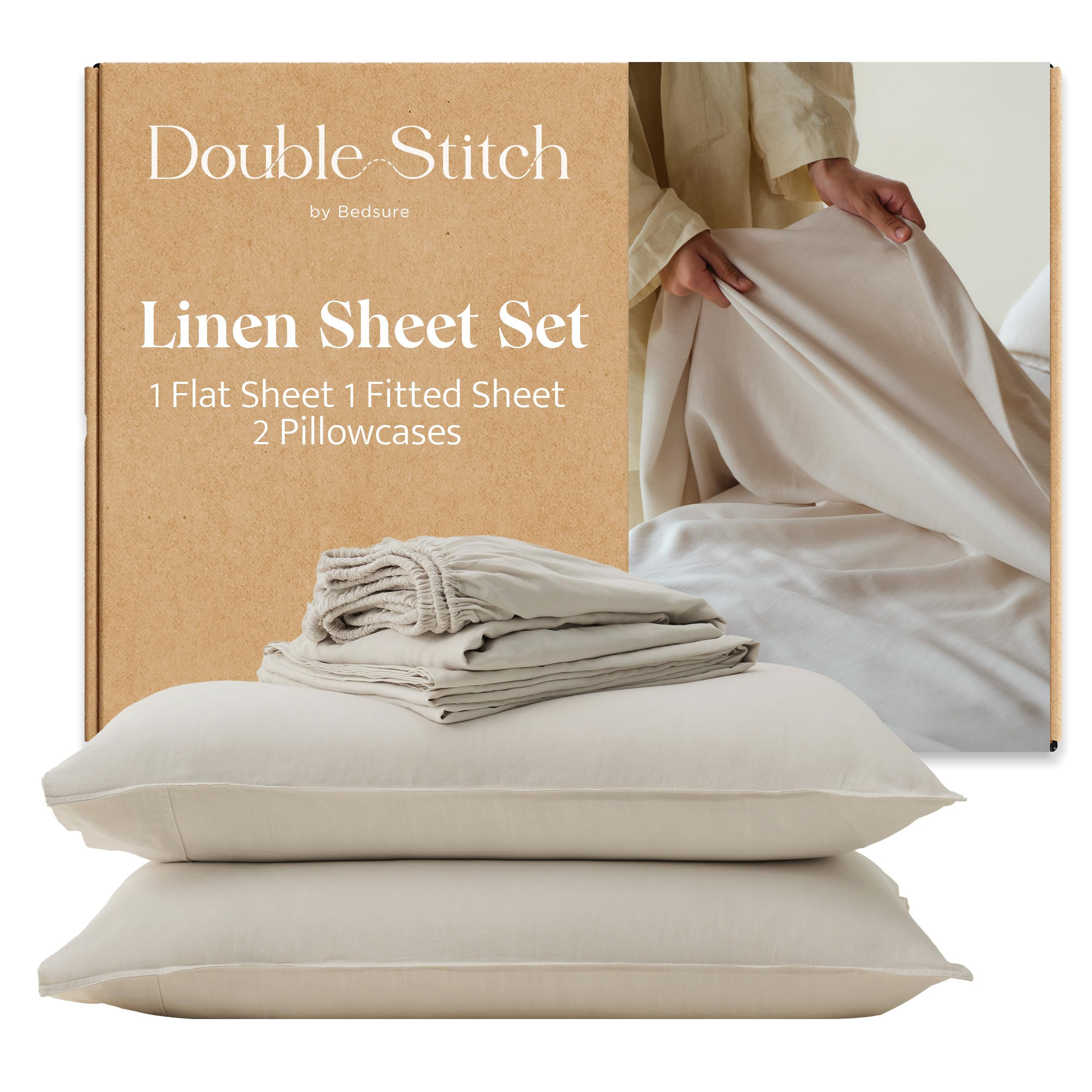 Double Stitch European Flax Linen Sheets Queen - Breathable Linen Blend Bedding Set 4 PC, Sustain... | Amazon (US)