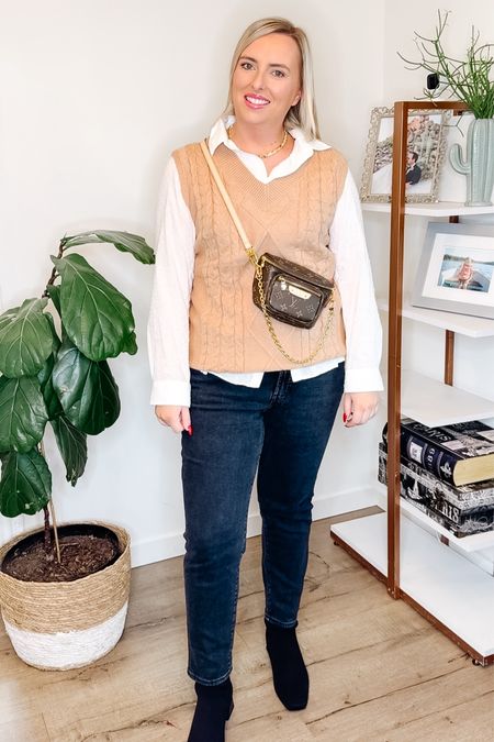 Thanksgiving outfit. 
Boots. 
Sweater vest. 
Midsize outfit. 
Mom style. 

Size M jeans from Warehouse One 
Size XL sweater vest  

#LTKHoliday #LTKmidsize #LTKstyletip