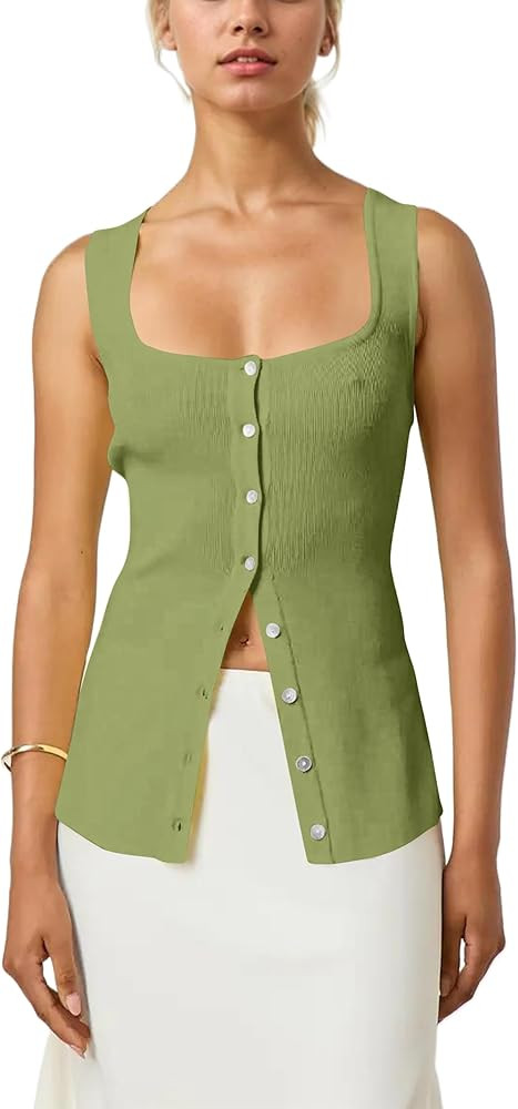 Women Square Neck Button Down Knit Tank Top Button-Up U Neck Sleeveless Backless Solid Slim Sexy ... | Amazon (US)