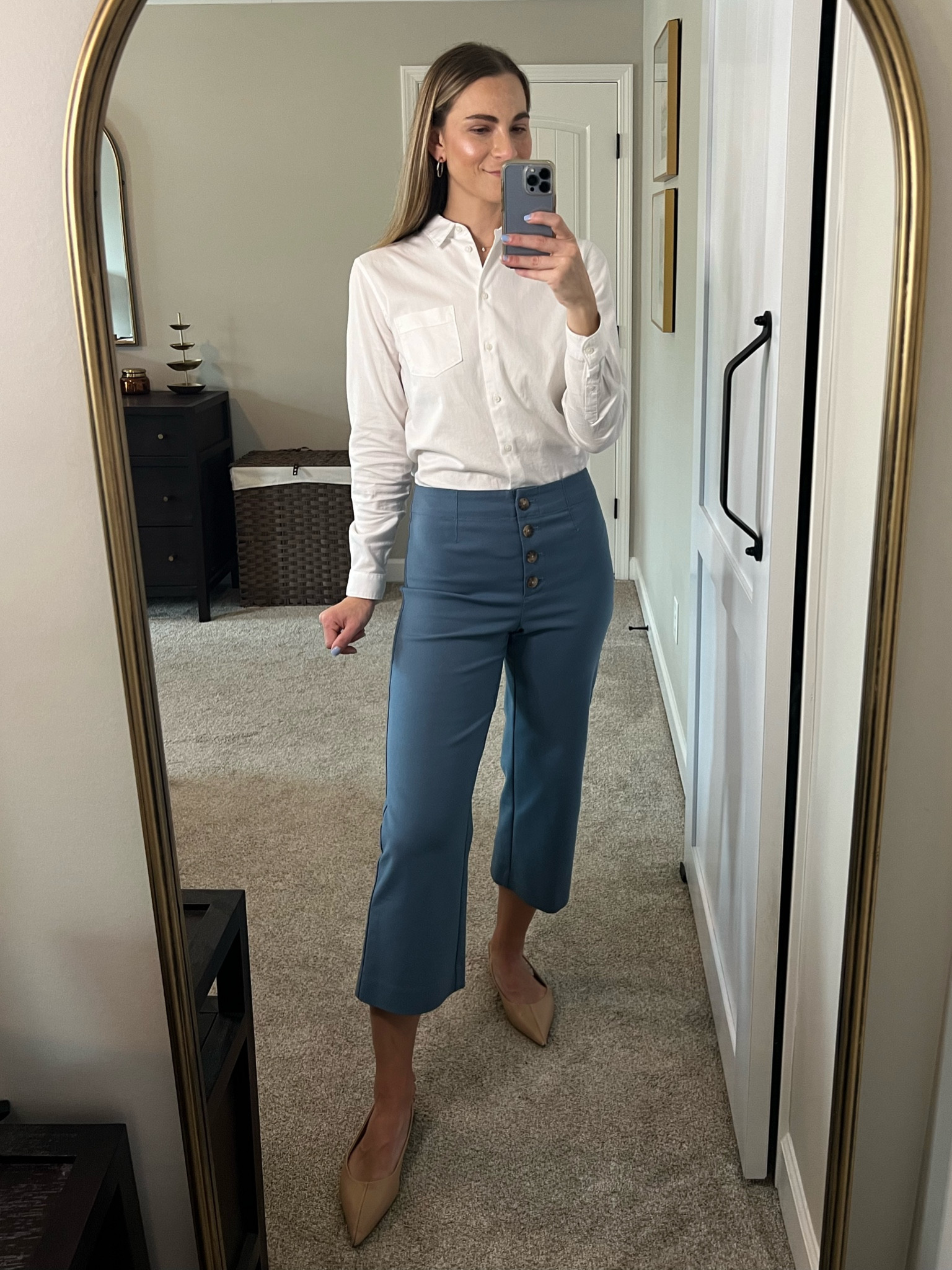 Office Outfit / Workwear 
White button down - old, but linked similar
Blue pants - old, but linked similar
Pointed-toe flats - tts. 