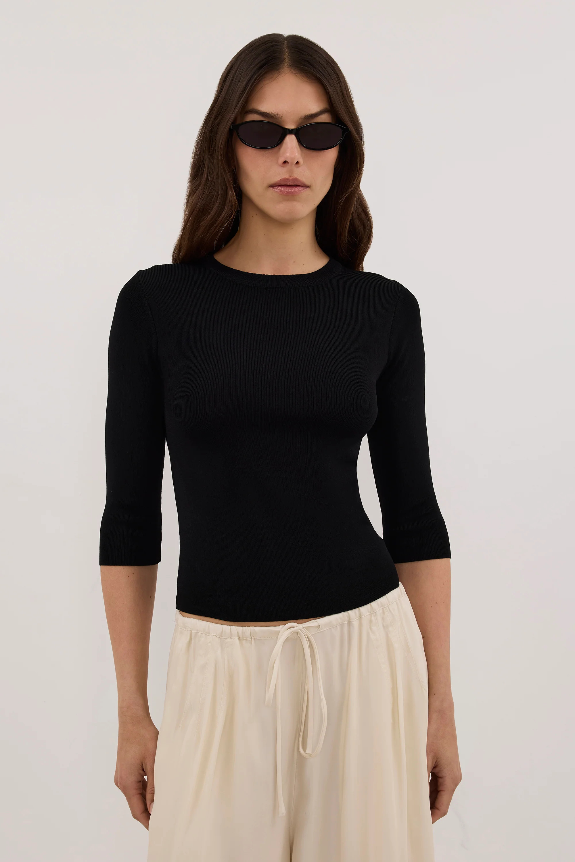 SILVIA BLACK 3/4 SLEEVE KNIT TEE | DISSH