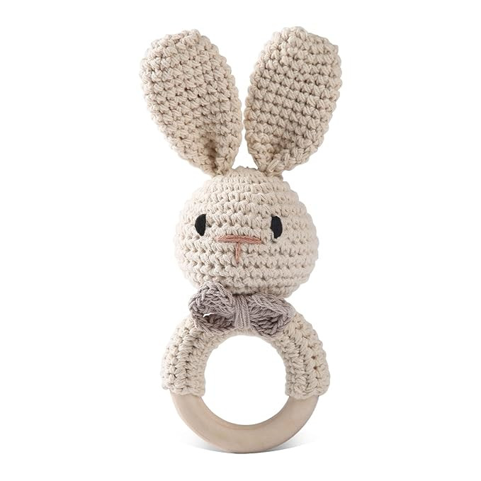 Handmade Crochet Easter Bunny Wooden Baby Rattle Toy for 0-6 Months - Organic Stuffed Animal for ... | Amazon (US)