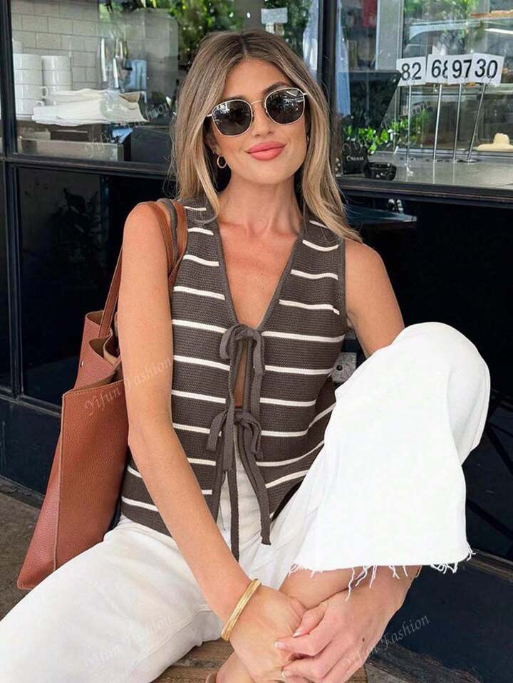 2025 Women's Spring/Summer New Knit Tops - Casual Minimalist V-Neck Striped Bowknot Backless Camisole Shawl | SHEIN