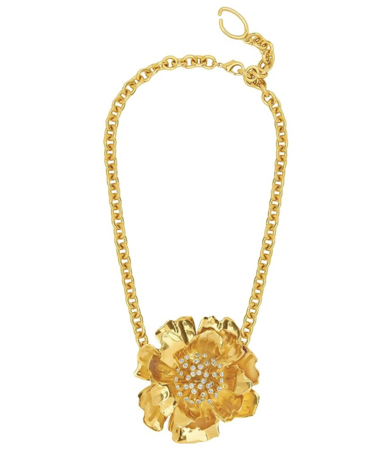 This chain-link necklace features an exquisite peony pendant suspended at its center, cast in a gilded finish with sculptural petals. A cluster of shimmering pavé crystals forms the heart of the bloom.

#LTKU #LTKParties #LTKSaleAlert
