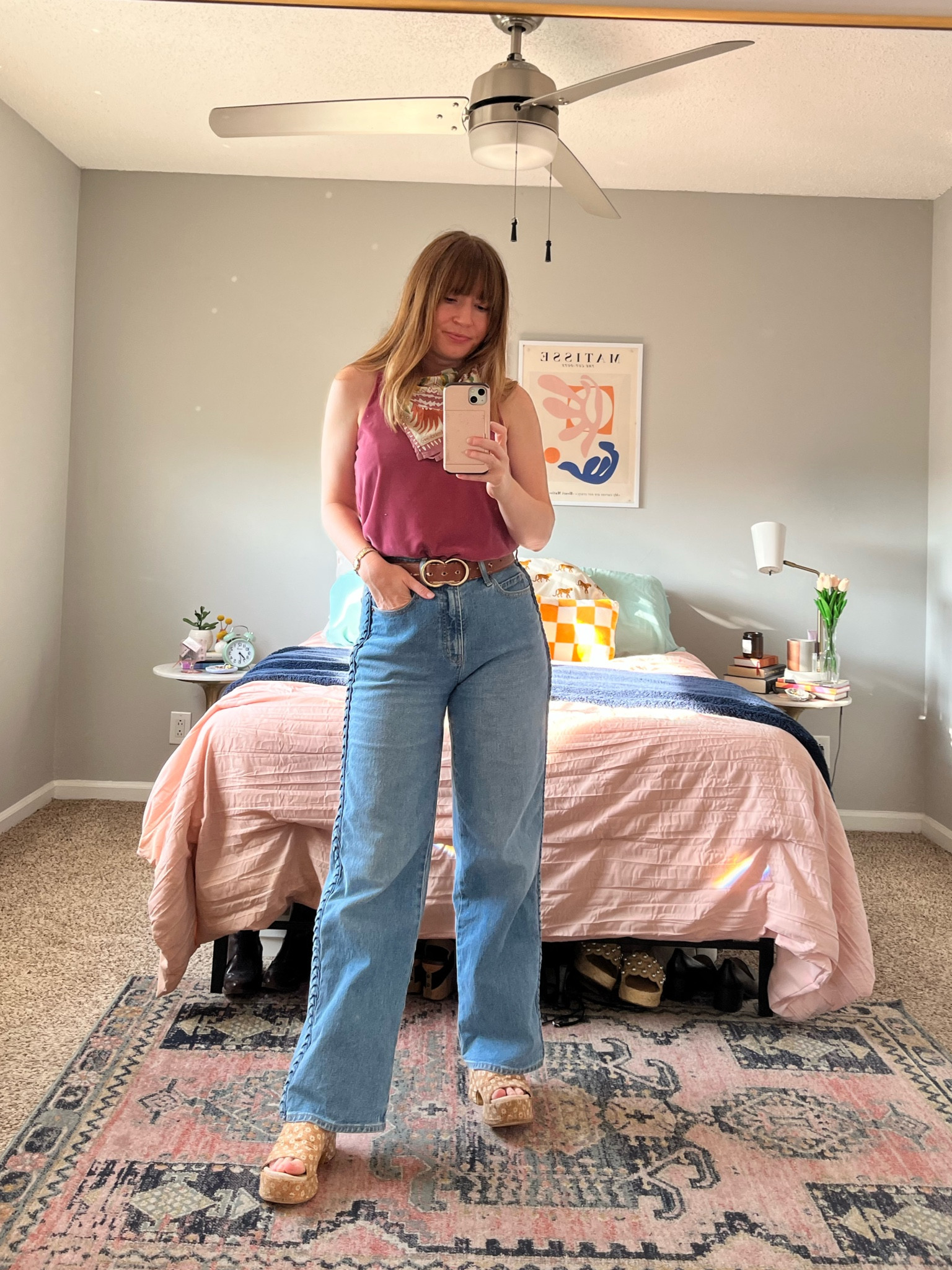 a comfortable + colorful work outfit! linking a few similar tanks and bandanas 