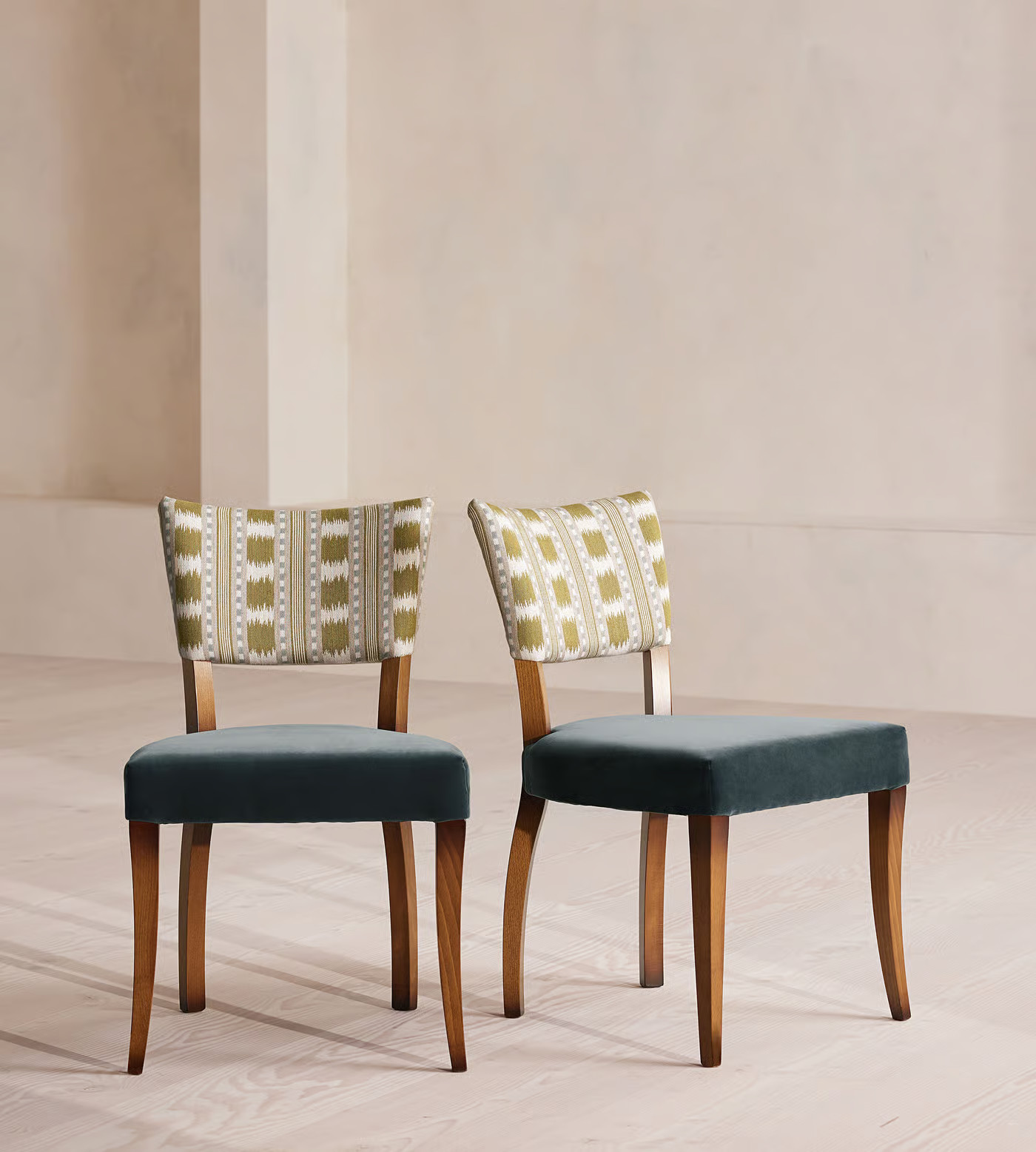 Pair of Molina Armless Dining Chairs, Ikat Stripe and Velvet, Grey Blue | Soho Home Ltd
