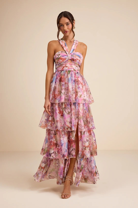 Dayanara Pink Multi Floral Organza Tiered Maxi Dress | Lulus