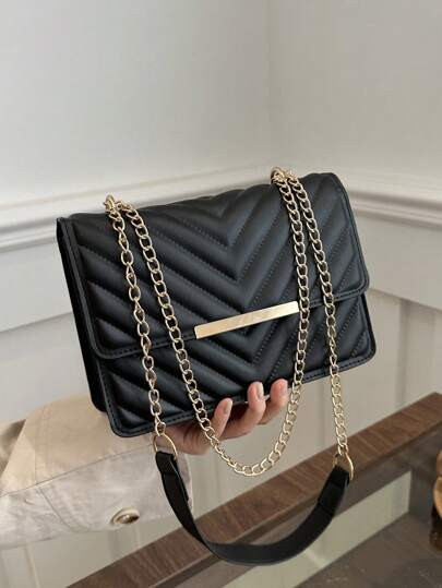 Pattern Square Bag Black Metal Decor Flap | SHEIN
