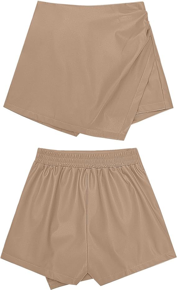 luvamia Shorts for Women Faux Leather Skorts High Waisted PU Leather Shorts Elastic Waist Ruched ... | Amazon (US)