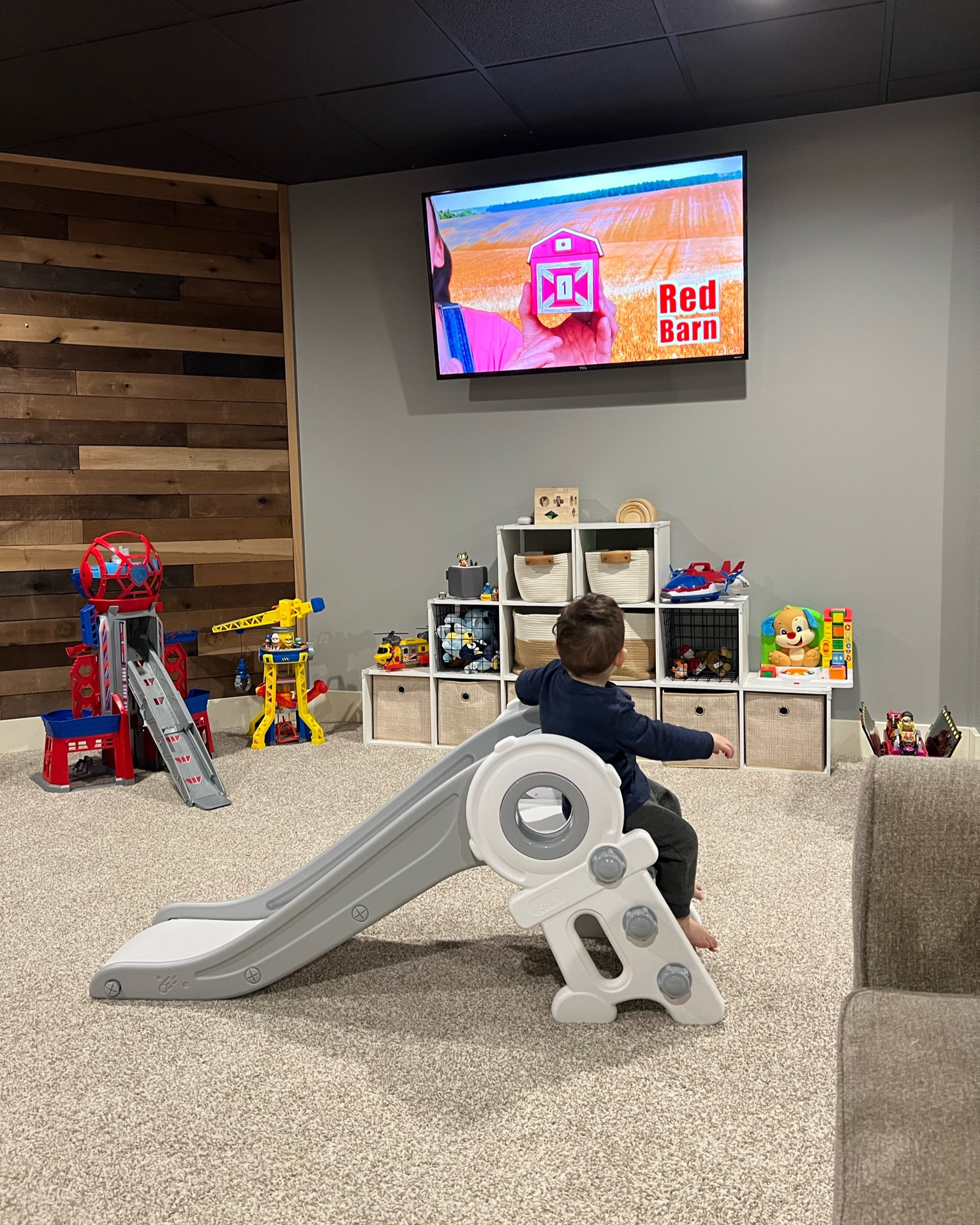 Playroom. Accent wall. Playroom organization. Toddler slide. Playroom design. Toddler toys. Toddler room. 

#LTKhome #LTKfamily #LTKkids