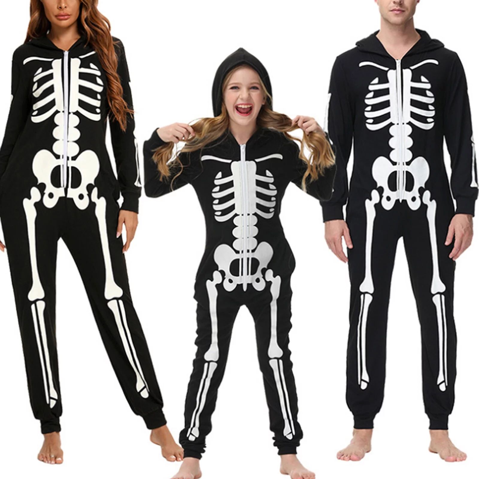 Halloween Family Matching Hoodie Pajamas Skeleton Romper Long Sleeve One Piece Jumpsuit Zipper Pj... | Walmart (US)
