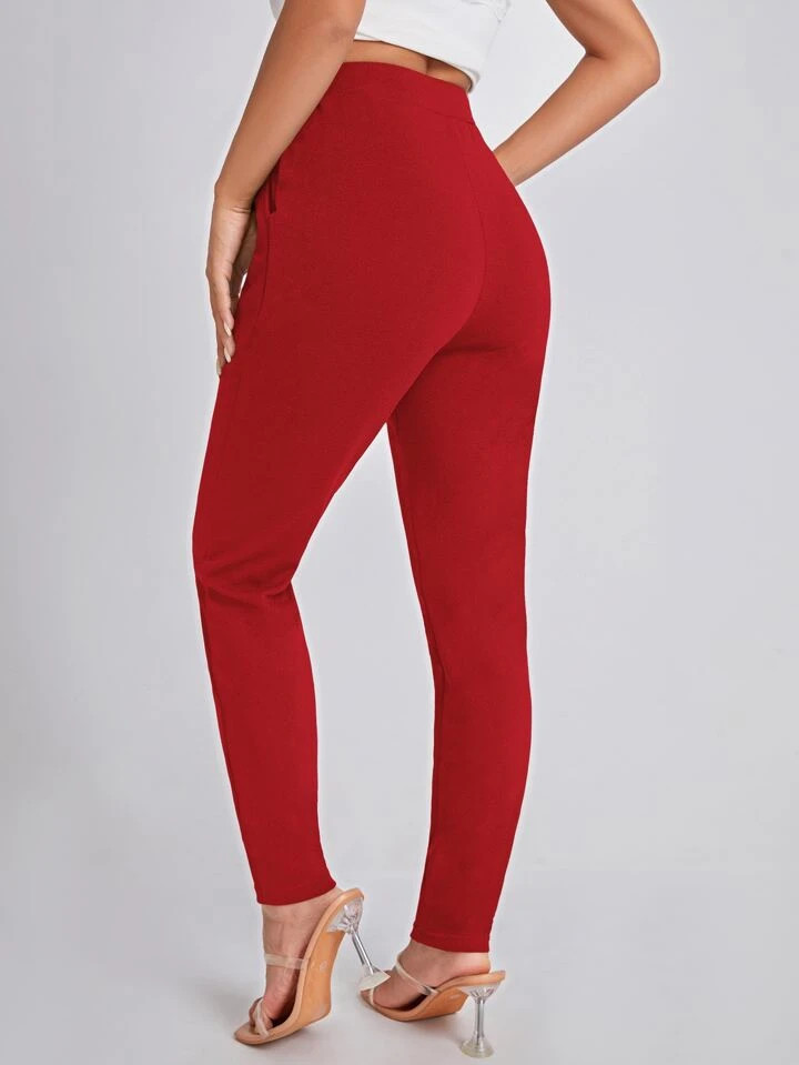 SHEIN Essnce Solid Slant Pocket Fold Pleated Red Skinny Pants | SHEIN