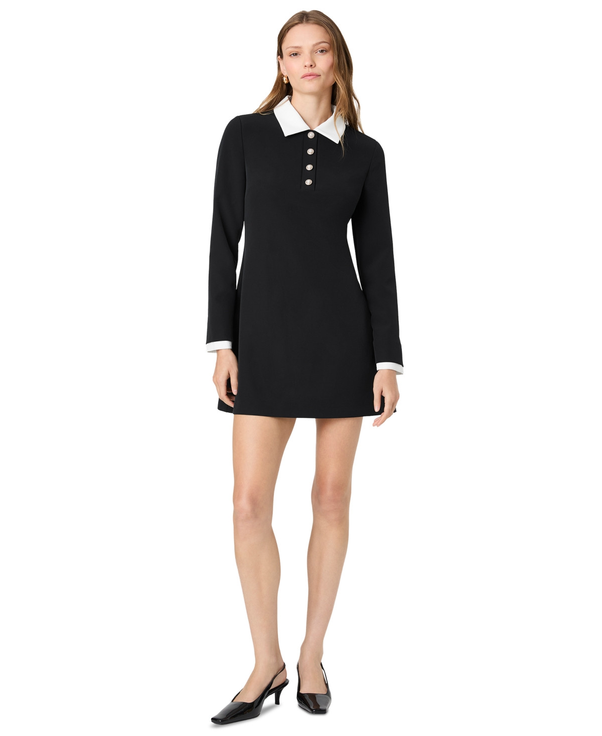 French Connection Echo Crepe Long Sleeve Mini Dress, black dress with white collar and white cuffs like Amy Dunne