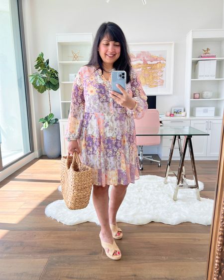 LOFT Sale! 40% off your purchase + extra 20% off with code YAY. Grab this pretty dress for $40! Love this print so much for spring and summer and the material/style is so light and airy! Great for so many events this season! Wearing this dress in size petite large. Target straw tote also on sale 30% off. Marc Fisher raffia sandals true to size.

Sandals, summer outfit, summer dress. wedding guest dress, graduation dress, date night, summer outfits, vacation outfit, vacation dress, floral dress, Loft outfit, Loft dress

#LTKMidsize #LTKSaleAlert #LTKFindsUnder50