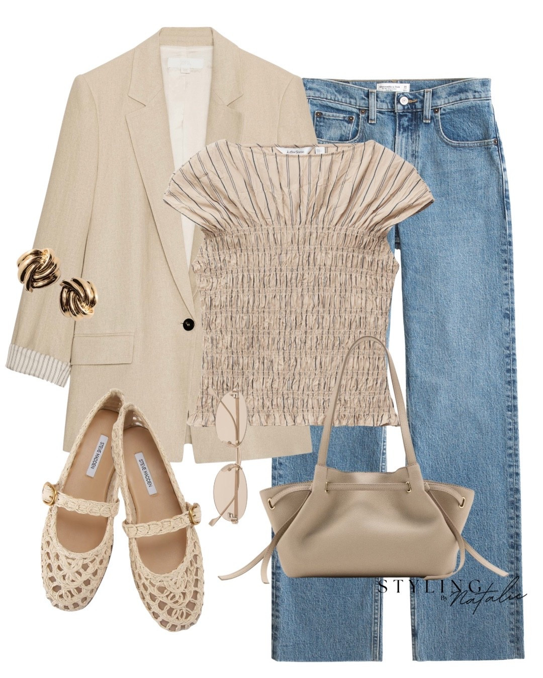 Abercrombie Jeans- Get 20% off with code AFXLTK today only. 

Linen blazer, smocked boatneck top, high rise relaxed jeans, woven Mary Jane ballet flats, beige handbag and gold earrings. 
Neutral outfit, spring outfit 2026, Zara style, everyday chic #zara 

#LTKxAFSale #LTKstyletip #LTKspring