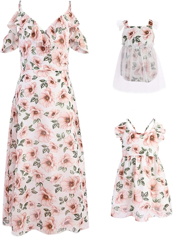 Mommy and Me Dresses Floral Print Cold Shoulder Ruffle Backless Strap Romper Beach Midi Dress Sum... | Amazon (US)