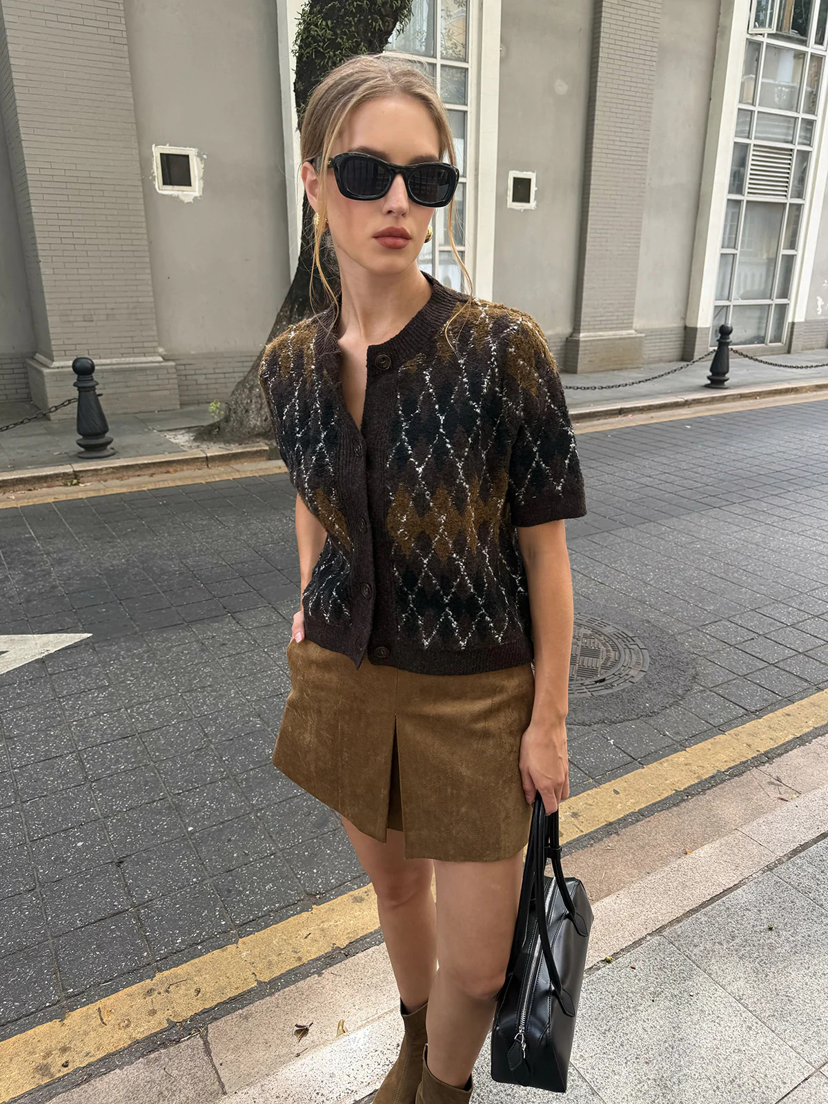 Argyle Pattern Short Sleeve Knit Cardigan | Commense