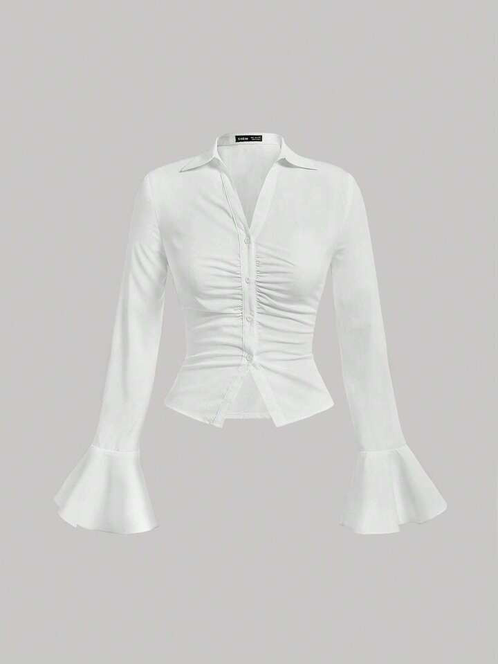 SHEIN MOD Solid Ruched Front Flare Sleeve Shirt | SHEIN