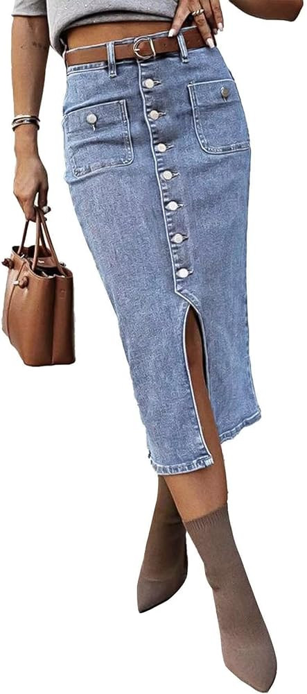 Flamingals Denim Midi Skirt for Women Pencil High Rise Vintage Button Fly Front Stretch Long Jean... | Amazon (US)
