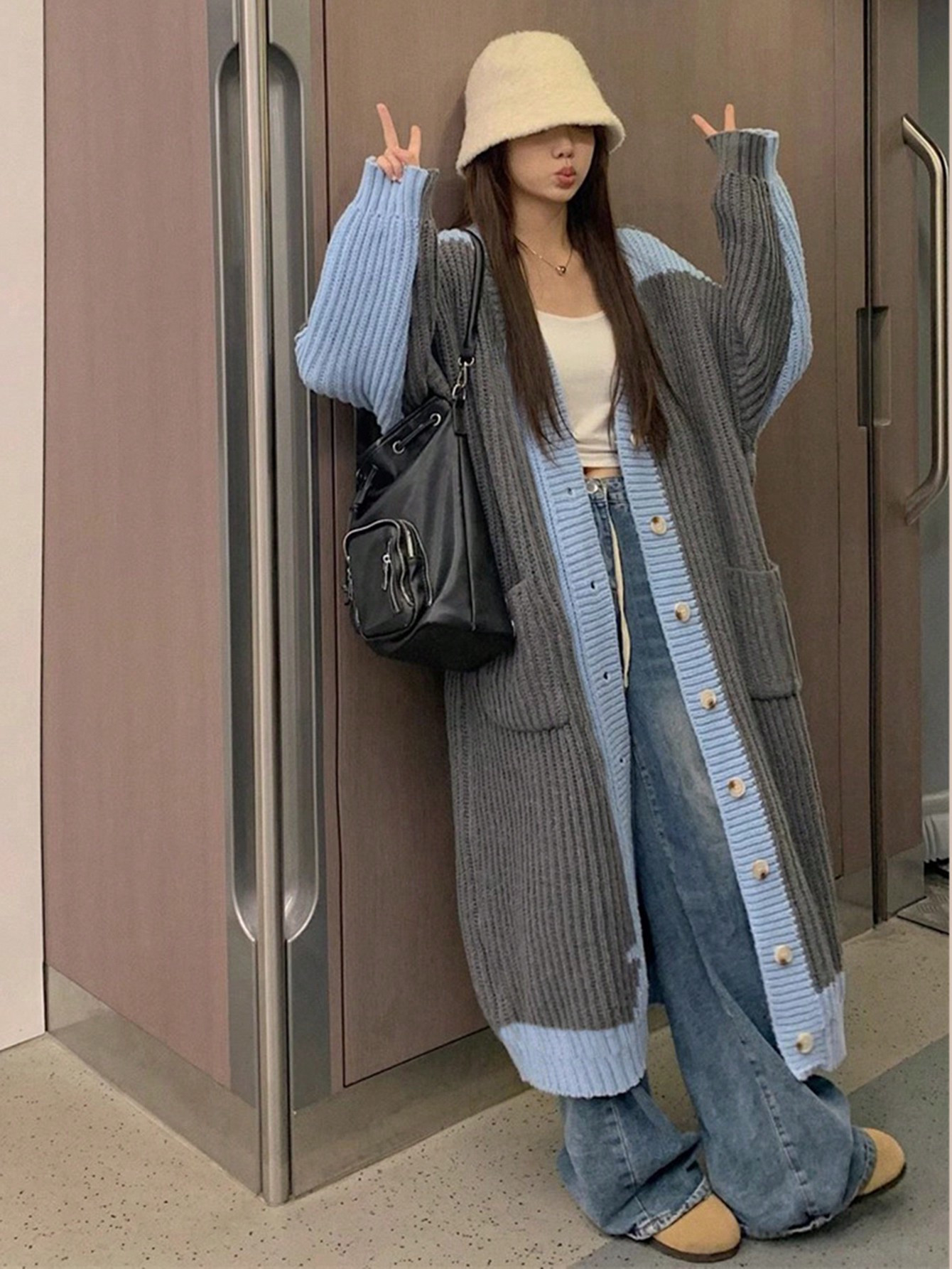 Contrast Panel Drop Shoulder Oversized Cardigan | SHEIN