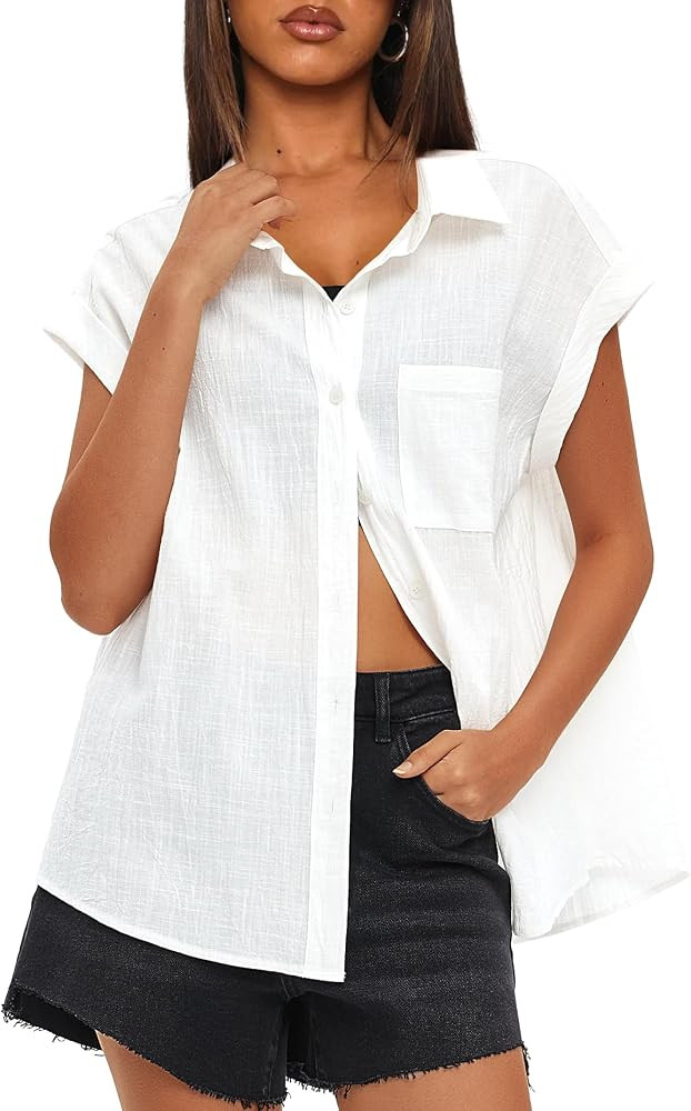 Darong Women's Button Down Cuffed Short Sleeve Shirts Cotton Casual 2025 Summer Loose Fit Blouse ... | Amazon (US)