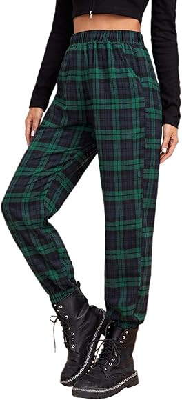 Women's Plaid Casual Pants Elastic Waist Loose Trousers with Pockets | Amazon (US)